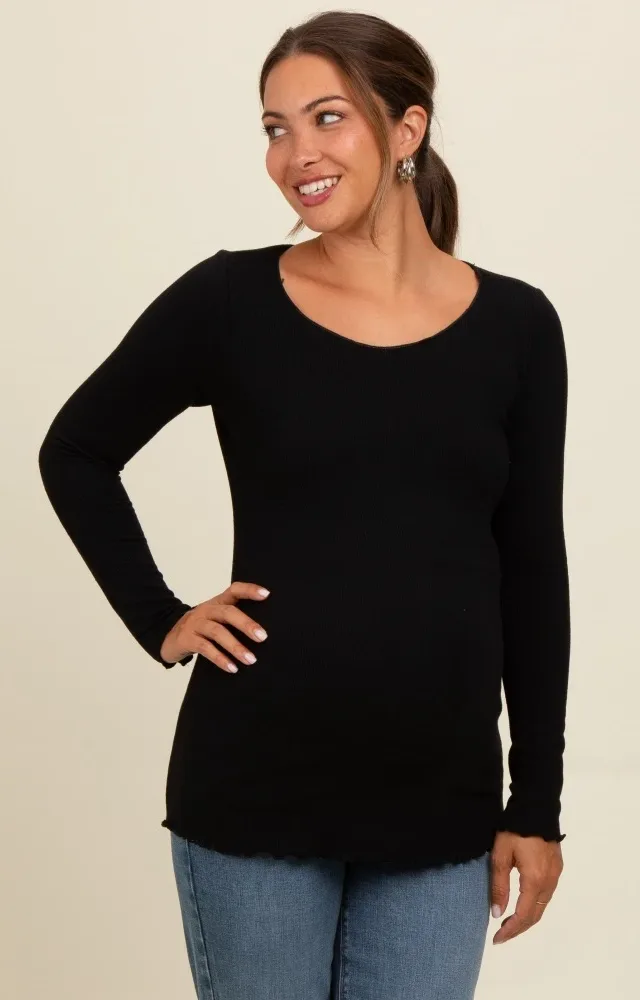 Black Ribbed Knit Long Sleeve Lettuce Hem Maternity Top