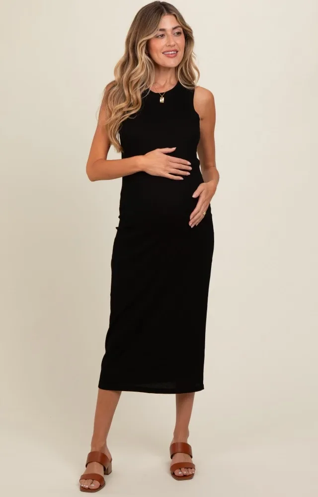 Black Ribbed Knit Sleeveless Maternity Dress