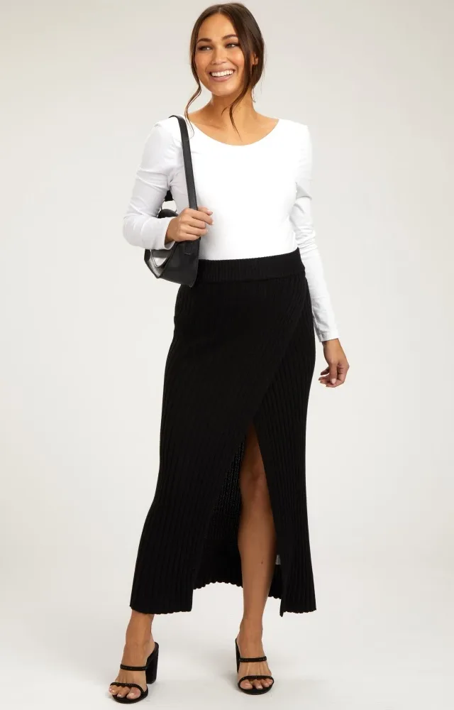 Black Ribbed Knit Wrap Maternity Maxi Skirt