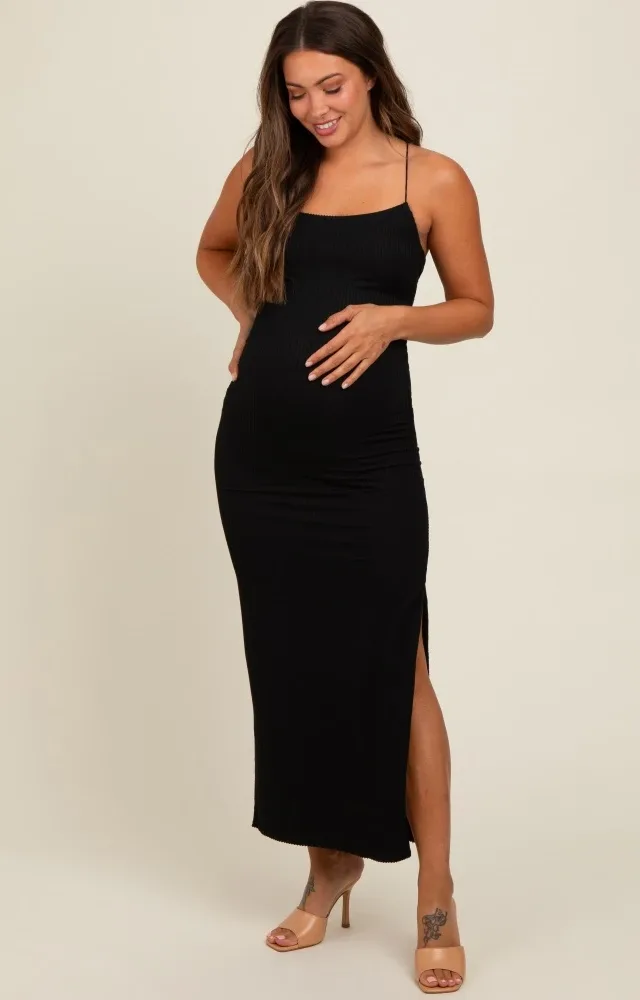 Black Ribbed Lace-Up Back Side Slit Maternity Midi Dress