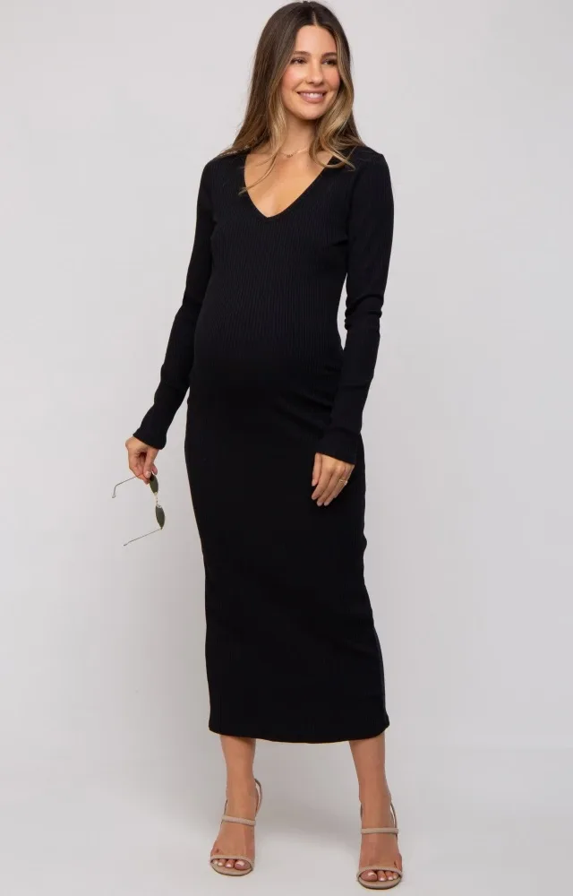 Black Ribbed Long Sleeve Maternity Maxi Dress