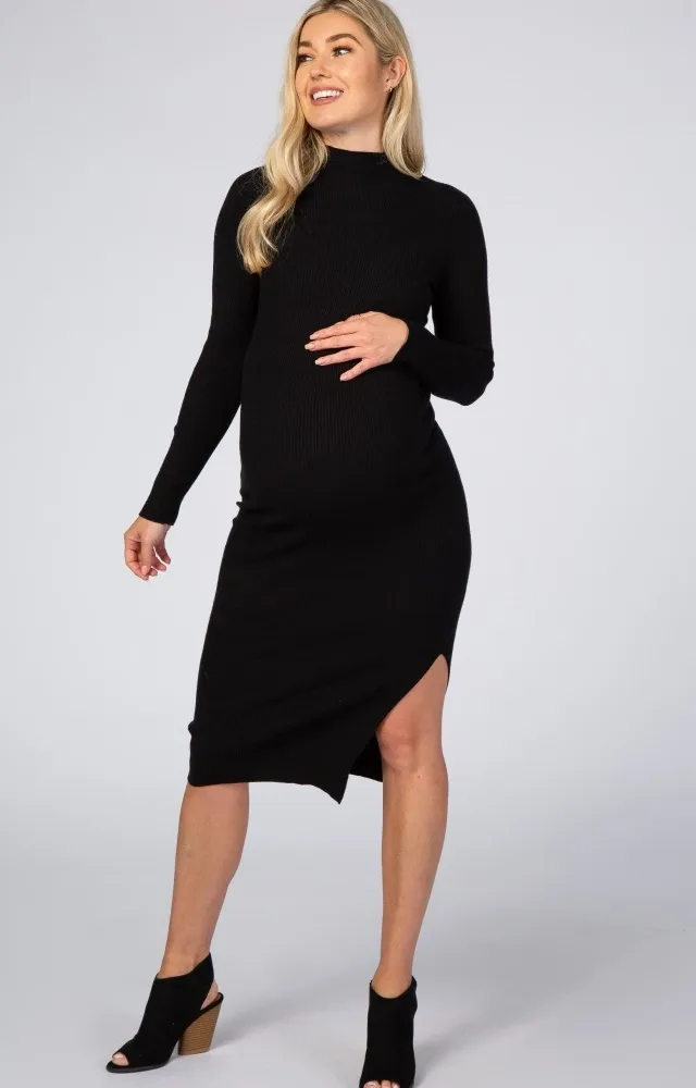 Black Ribbed Long Sleeve Maternity Midi Dress