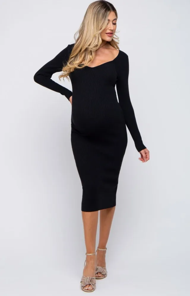 Black Ribbed Long Sleeve Maternity Midi Dress