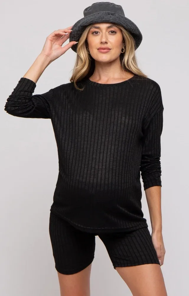 Black Ribbed Long Sleeve Maternity Shorts Set