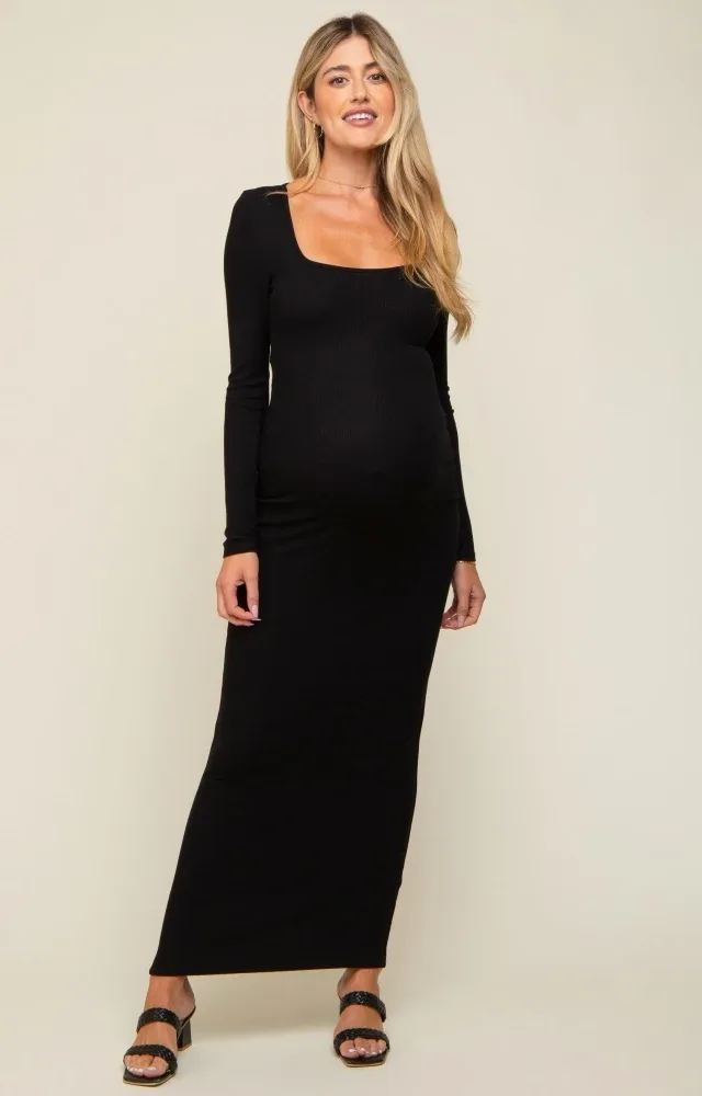 Black Ribbed Long Sleeve Square Neck Maternity Maxi Dress