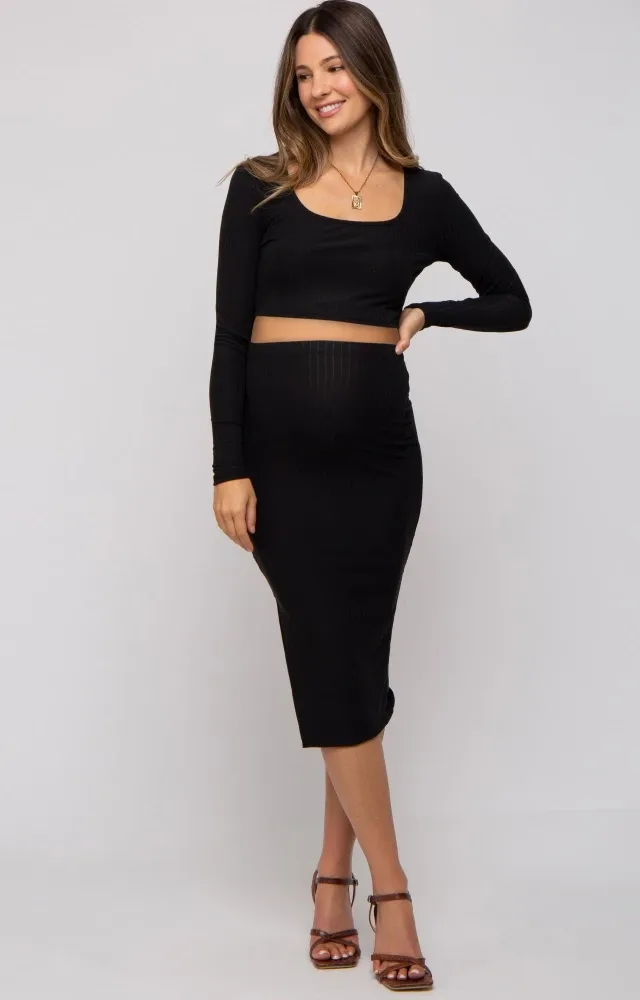 Black Ribbed Maternity Crop Top Midi Skirt Set