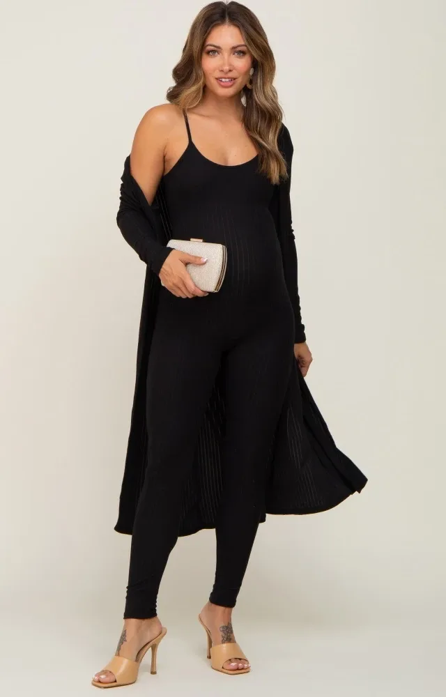 Black Ribbed Maternity Jumpsuit Two Piece Set