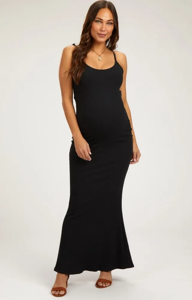 Black Ribbed Maternity Maxi Dress