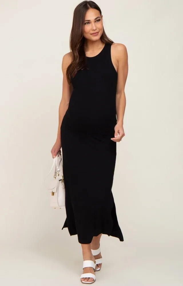 Black Ribbed Maternity Side Slit Tank Dress