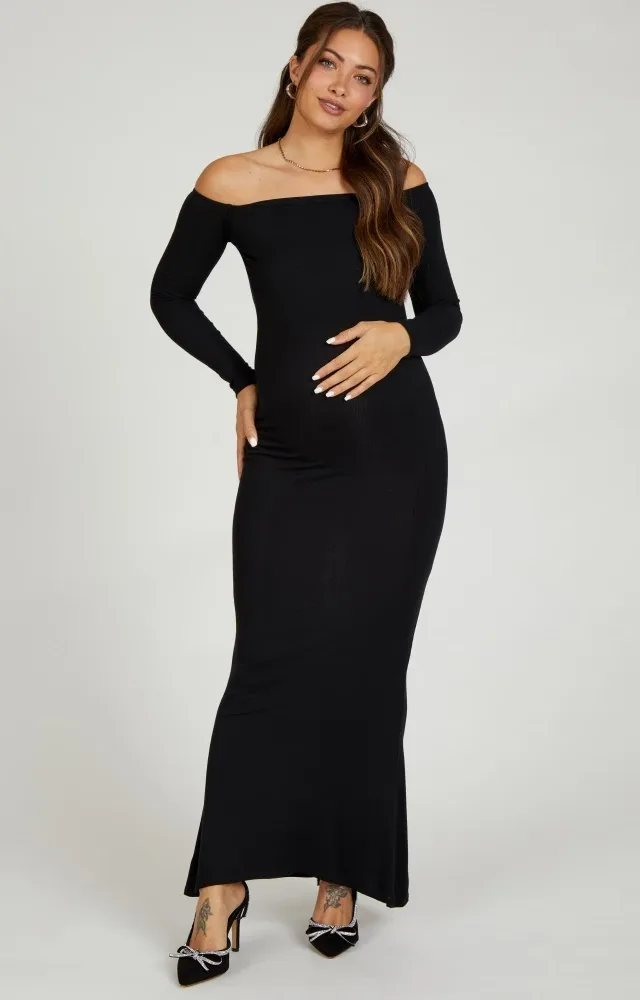 Black Ribbed Off Shoulder Long Sleeve Maternity Dress