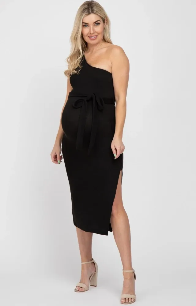 Black Ribbed One Shoulder Side Slit Maternity Midi Dress