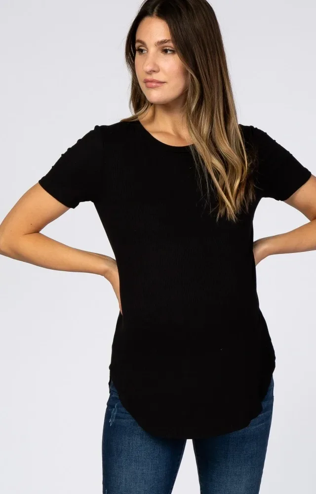 Black Ribbed Round Hem Maternity Top