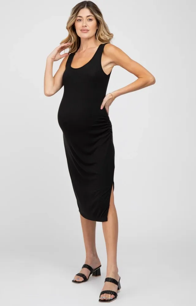 Black Ribbed Ruched Maternity Fitted Midi Dress