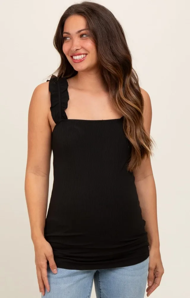 Black Ribbed Ruffle Strap Sleeveless Maternity Top