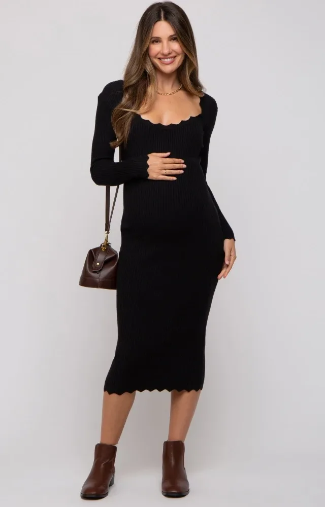 Black Ribbed Scallop Hem Long Sleeve Maternity Midi Dress