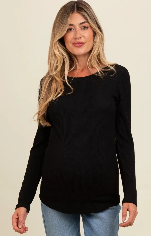 Black Ribbed Scoop Neck Long Sleeve Maternity Top