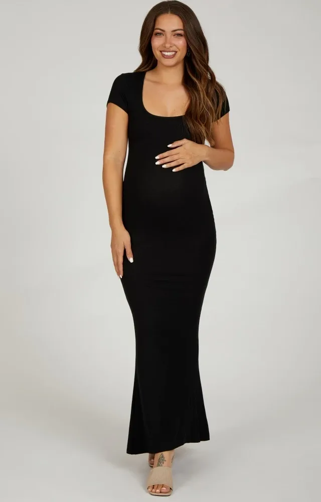 Black Ribbed Scoop Neck Maternity Maxi Dress