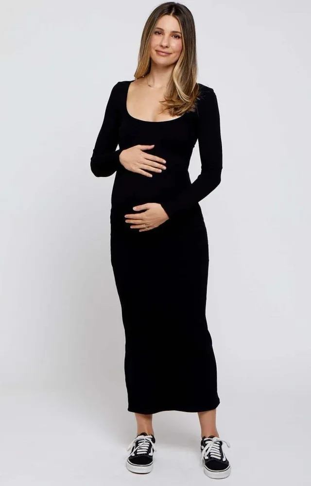 Black Ribbed Scoop Neck Maternity Midi Dress