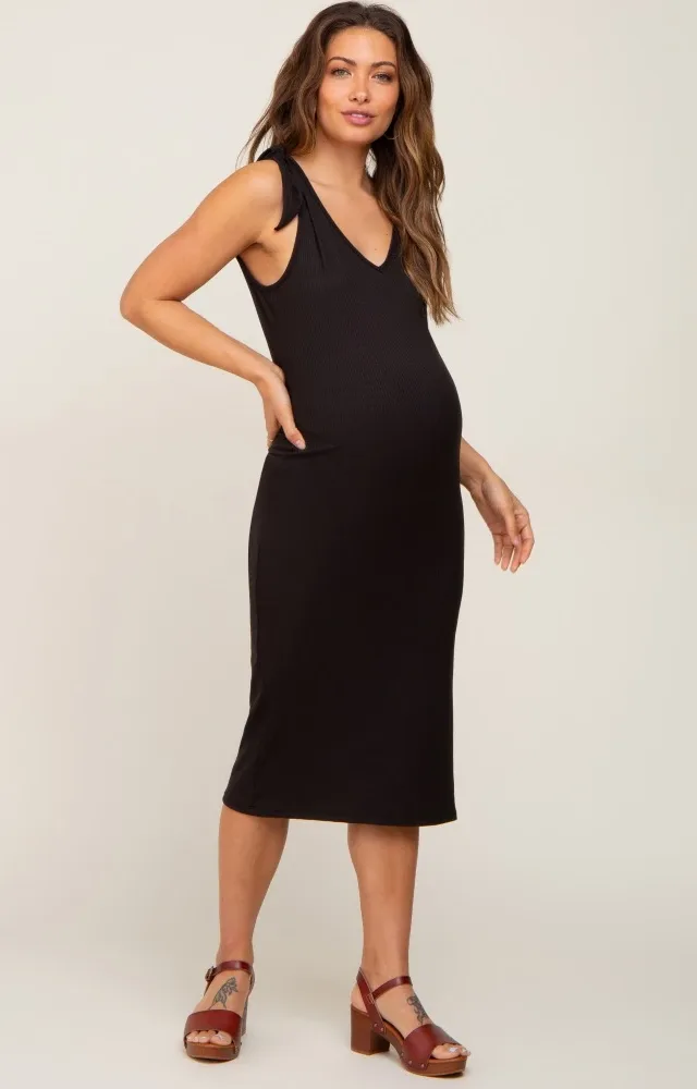 Black Ribbed Shoulder Tie Maternity Midi Dress