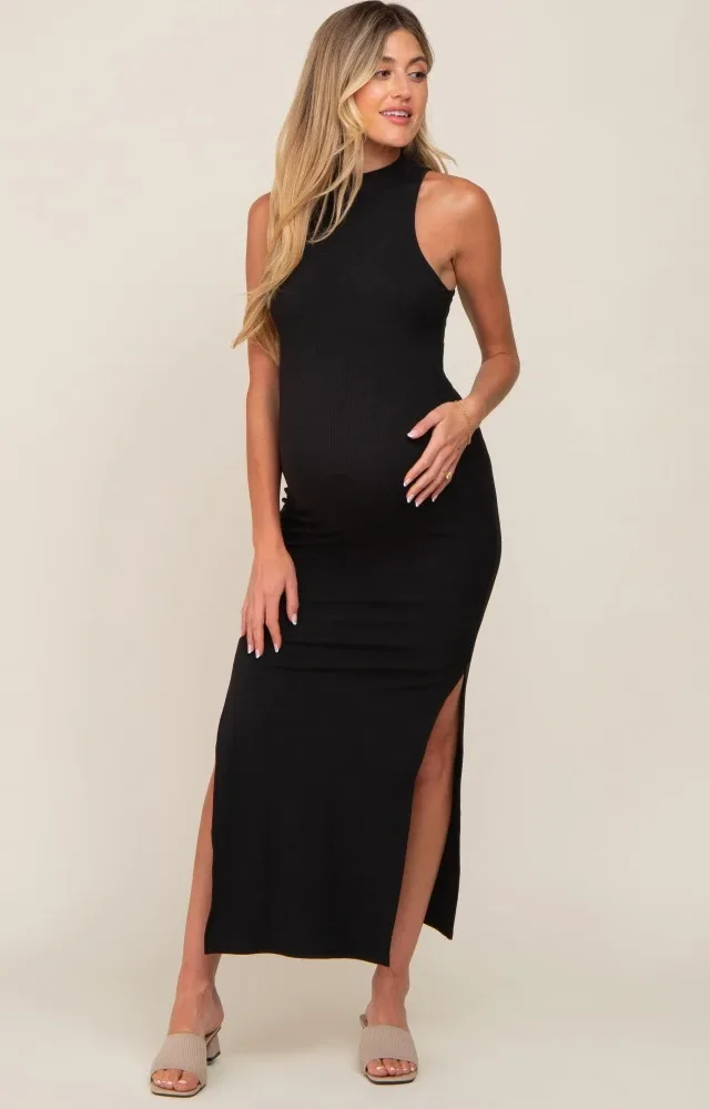 Black Ribbed Side Slit Maternity Maxi Dress