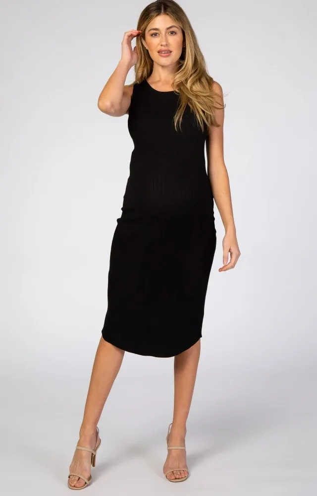 Black Ribbed Sleeveless Maternity Midi Dress