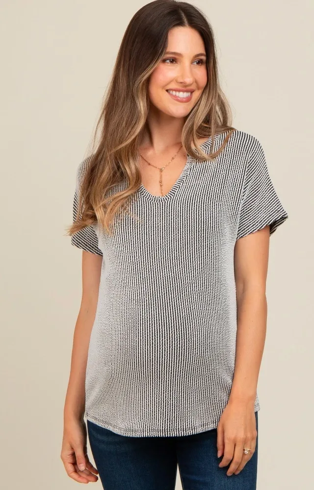 Black Ribbed Split Neckline Maternity Short Sleeve Top