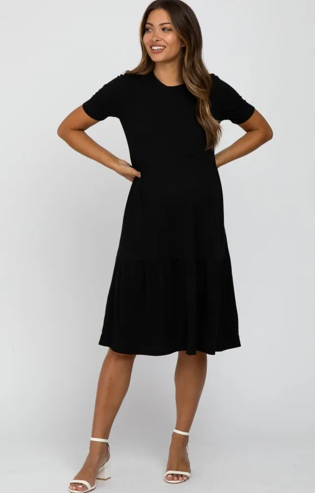 Black Ribbed Tiered Maternity Dress