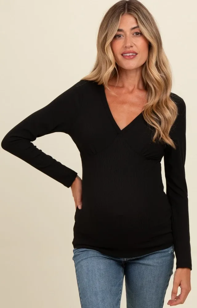 Black Ribbed V-Neck Long Sleeve Maternity Top