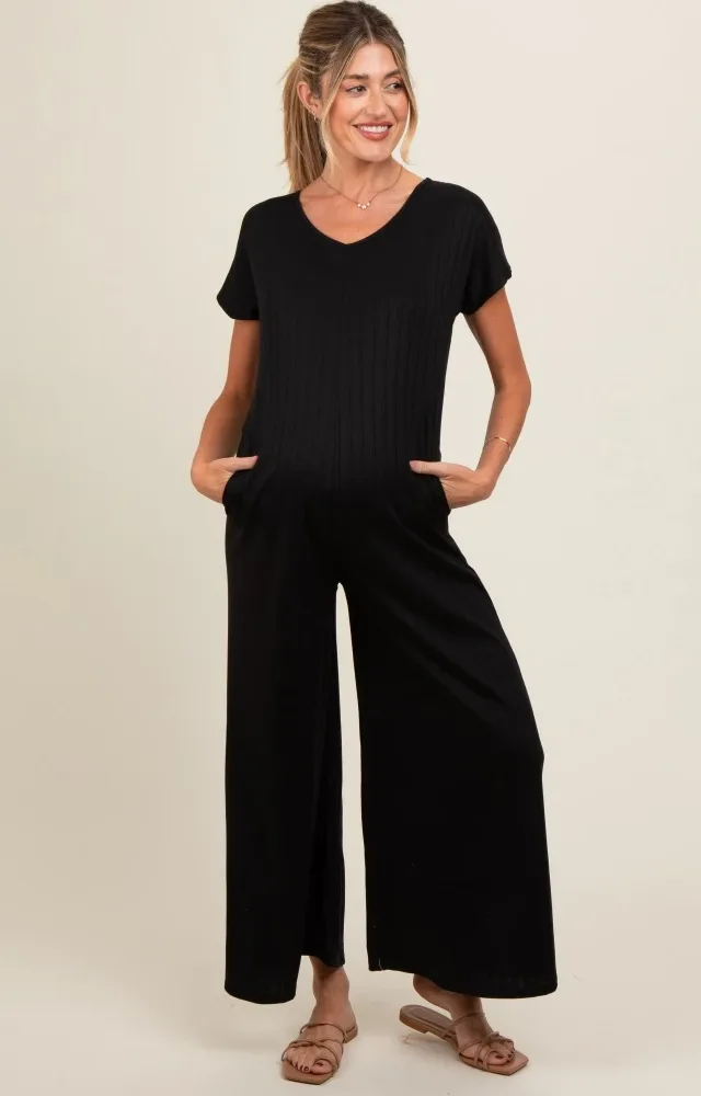 Black Ribbed Wide Leg Maternity Jumpsuit