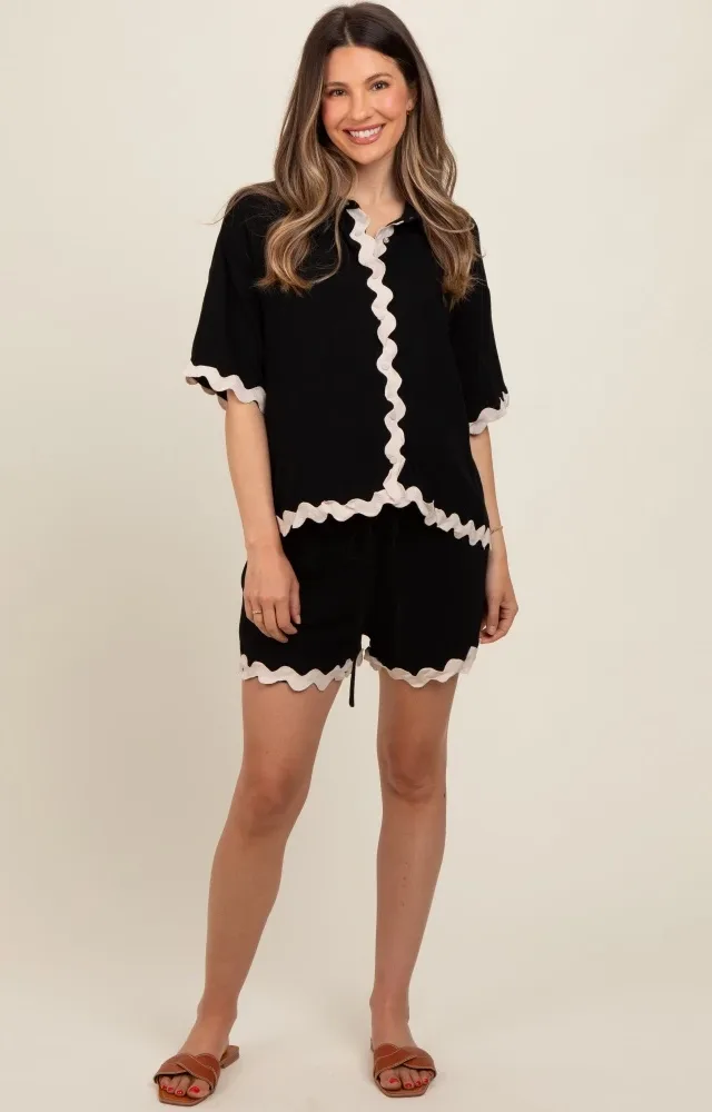 Black Ric Rac Trim Detailed Shirt And Shorts Maternity Set