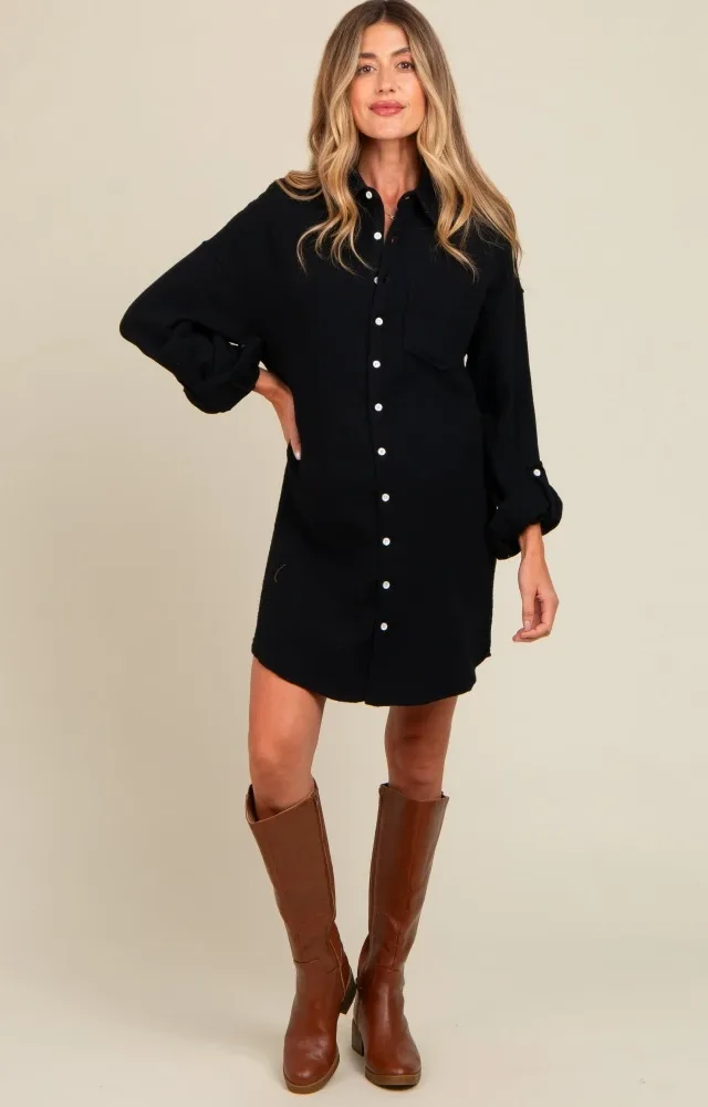 Black Rolled Cuff Maternity Button Down Dress