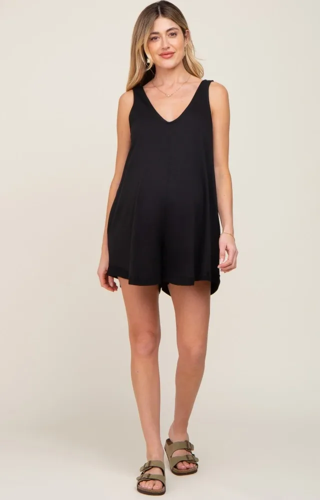 Black Rounded V-Neck Sleeveless Maternity Romper