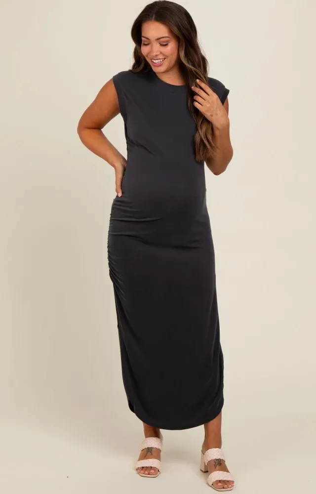 Black Ruched Side Slit Maternity Midi Dress