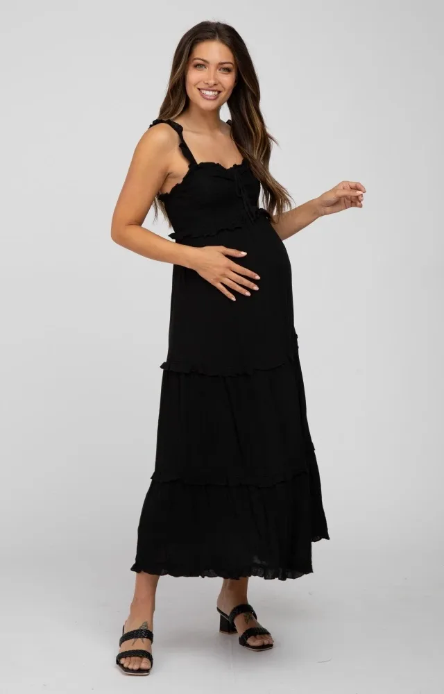 Black Ruffle Accent Maternity Midi Dress