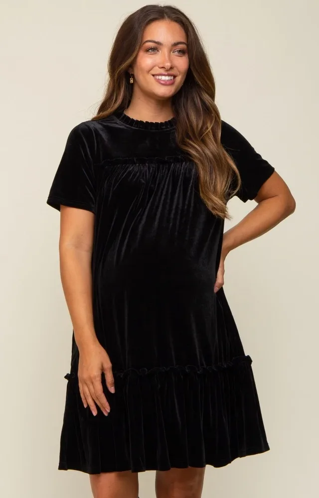 Black Ruffle Accent Velvet Maternity Dress