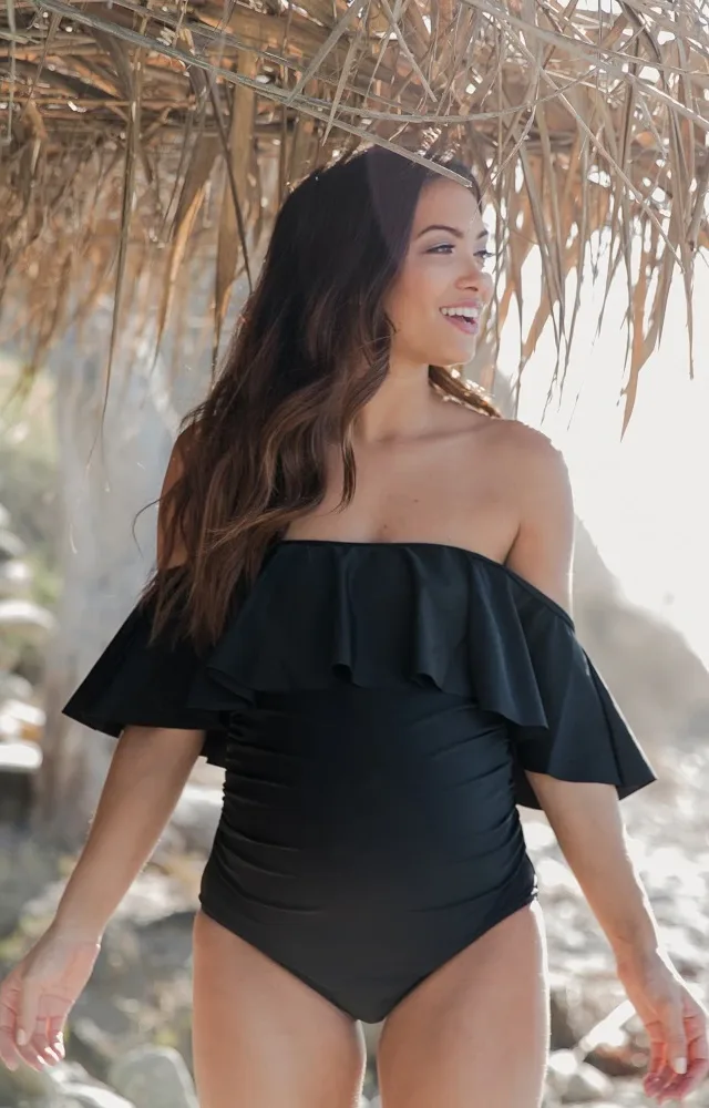 Black Ruffle One-Piece Maternity Swimsuit