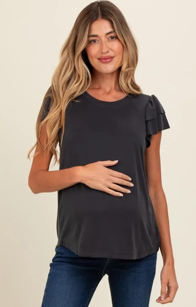 Black Ruffle Short Sleeve Maternity Top