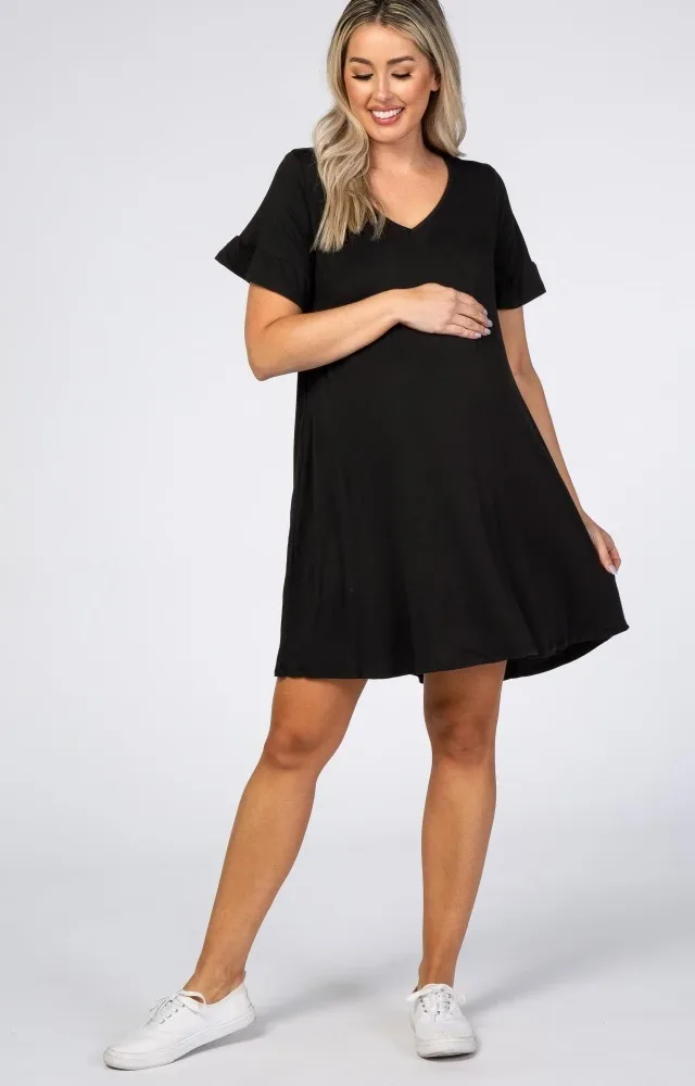 Black Ruffle Sleeve Swing Maternity Dress