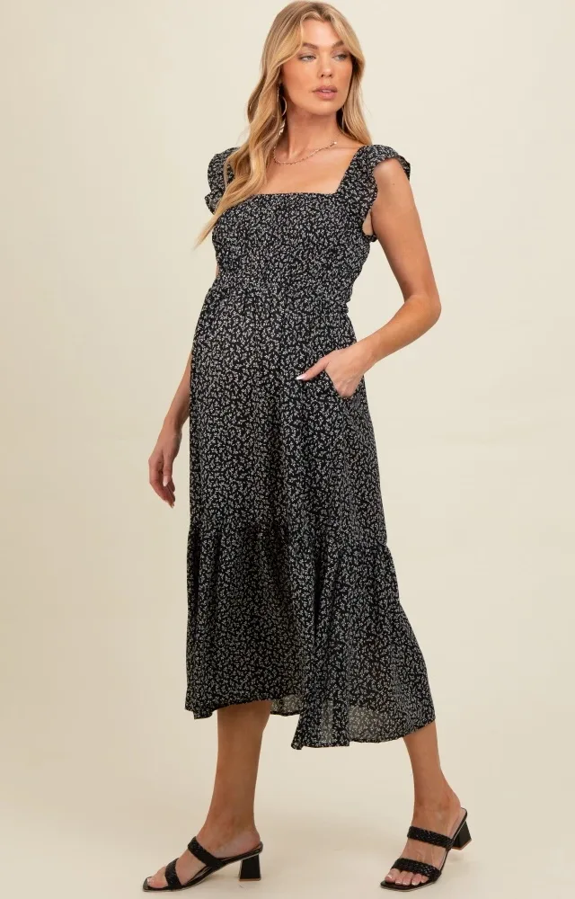 Black Ruffle Strap Smocked Maternity Mid Dress