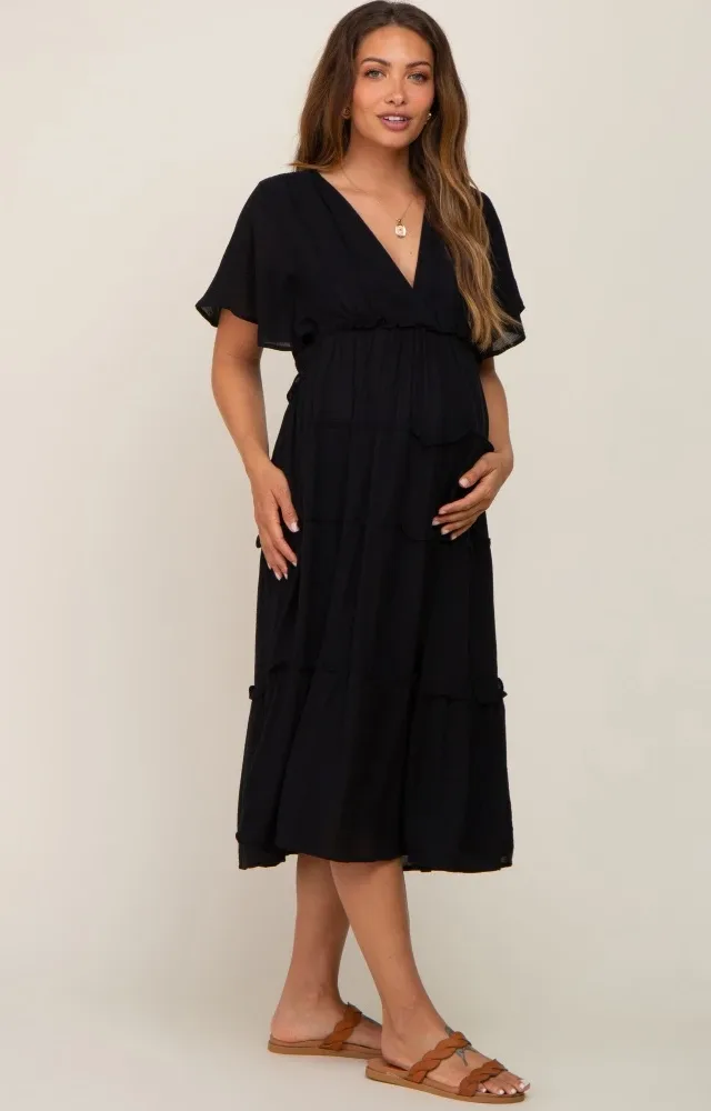 Black Ruffle Tiered V-Neck Maternity Midi Dress