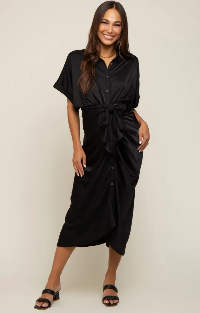 Black Satin Button Down Gathered Maternity Midi Dress