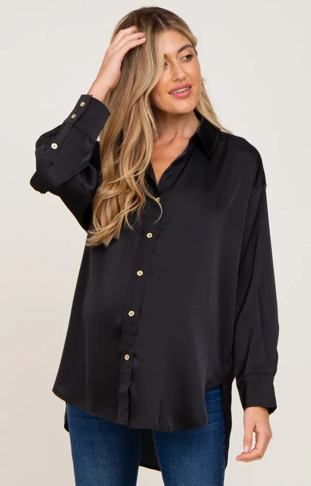 Black Satin Button Up Maternity Blouse