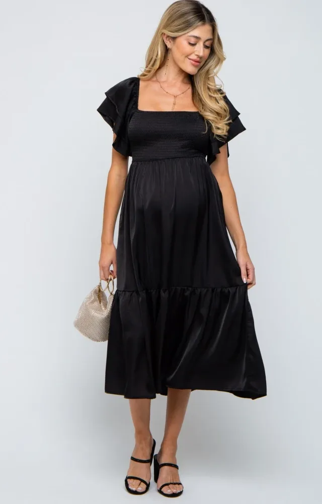 Black Satin Flutter Sleeve Maternity Midi Dress