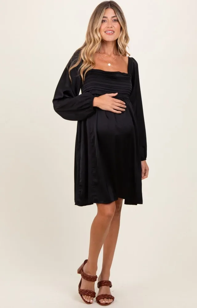 Black Satin Pleated Detail Bodice Maternity Dress