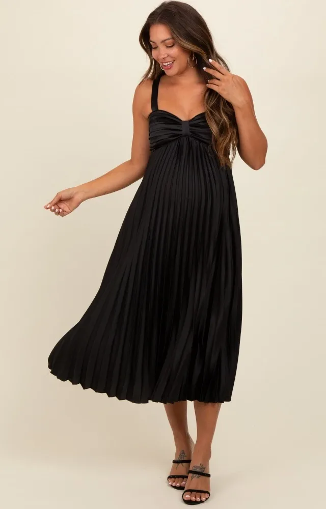 Black Satin Pleated Sweetheart Maternity Midi Dress