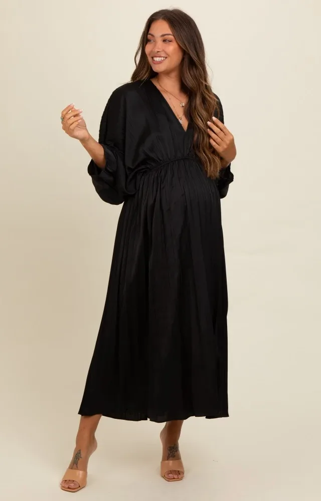 Black Satin Pleated V-Neck Maternity Maxi Dress