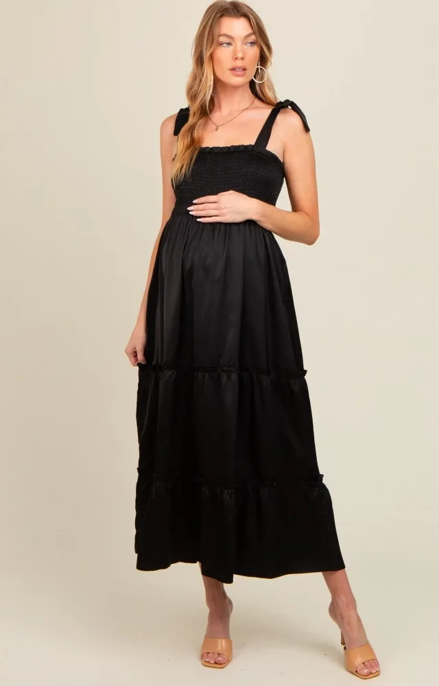 Black Satin Smocked Maternity Maxi Dress