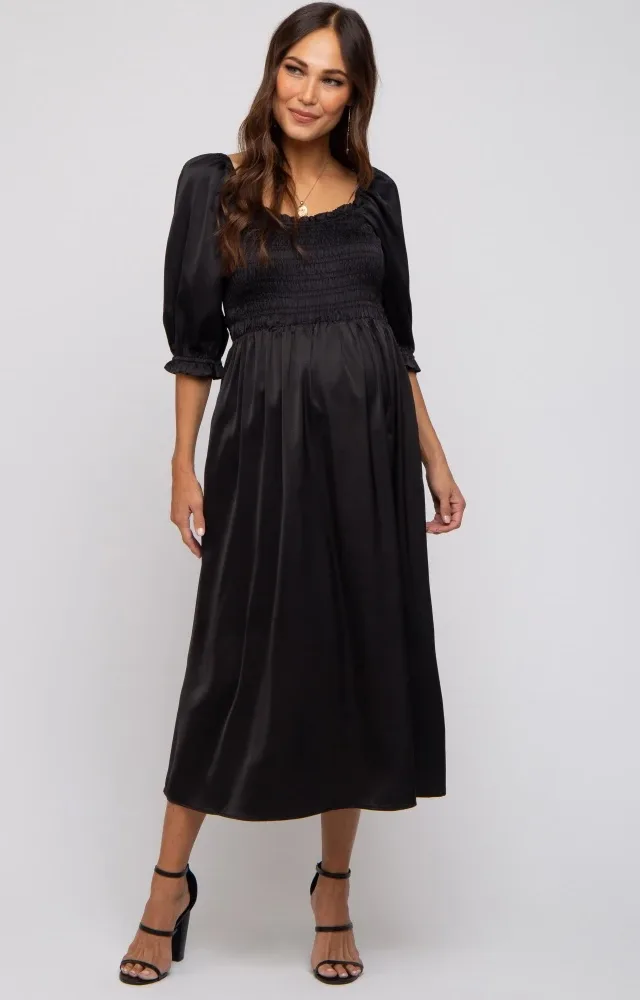 Black Satin Smocked Maternity Midi Dress