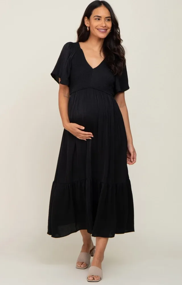 Black Satin Smocked Maternity Midi Dress