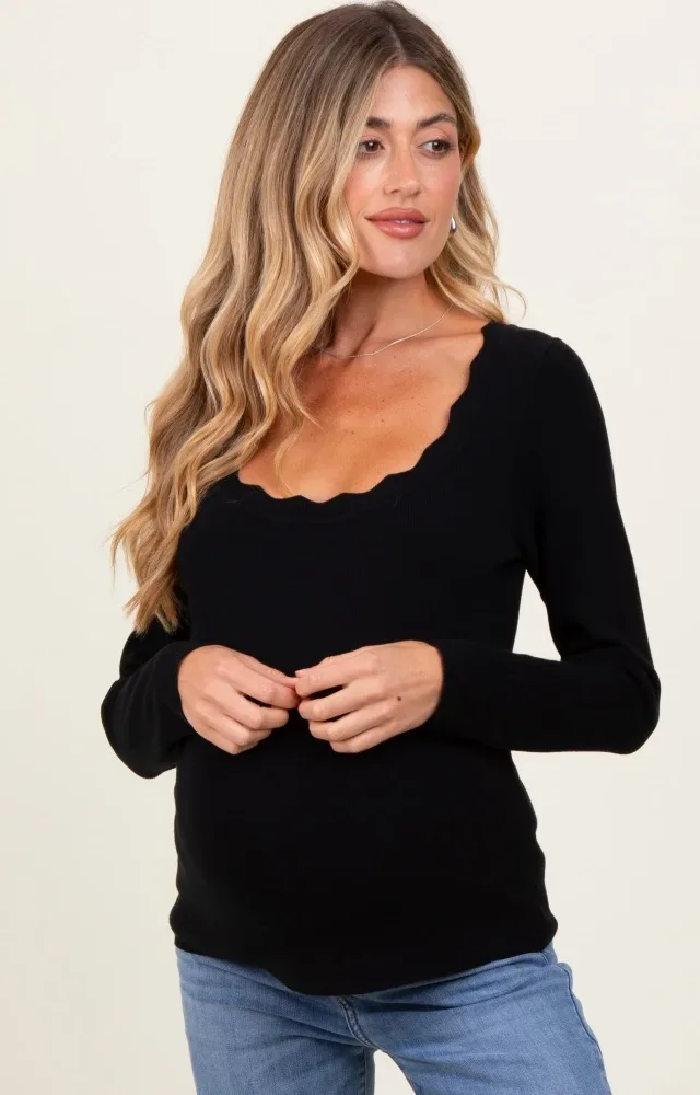 Black Scallop Hem Square Neck Maternity Sweater